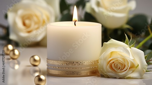 a beautiful white candle with white rose