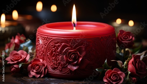 Red designer candle burning and red rose