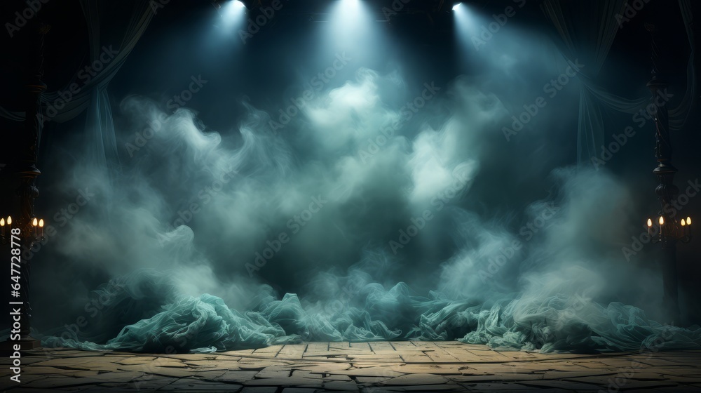 stage with spotlights with blue background with fog