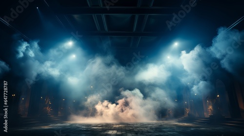 stage with spotlights with blue fog background 
