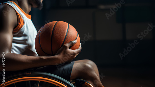African American man in wheelchair playing basketball Basketball. Generative AI © jcalvera