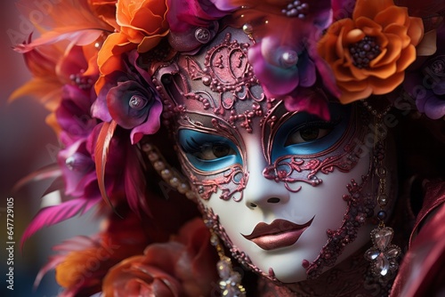 Close-up photo of a person wearing a colourful venetian mask in Venice, Italy - Created with Generative AI technology © AI Visual Vault