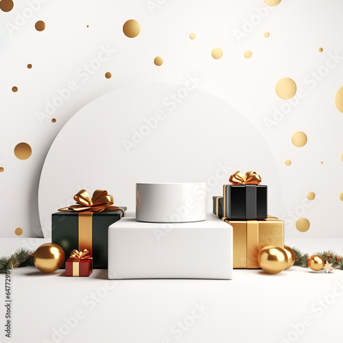  product displays,podium stage with gift present concepts.luxury gold and white color.celebration festival card background.minimal design photo