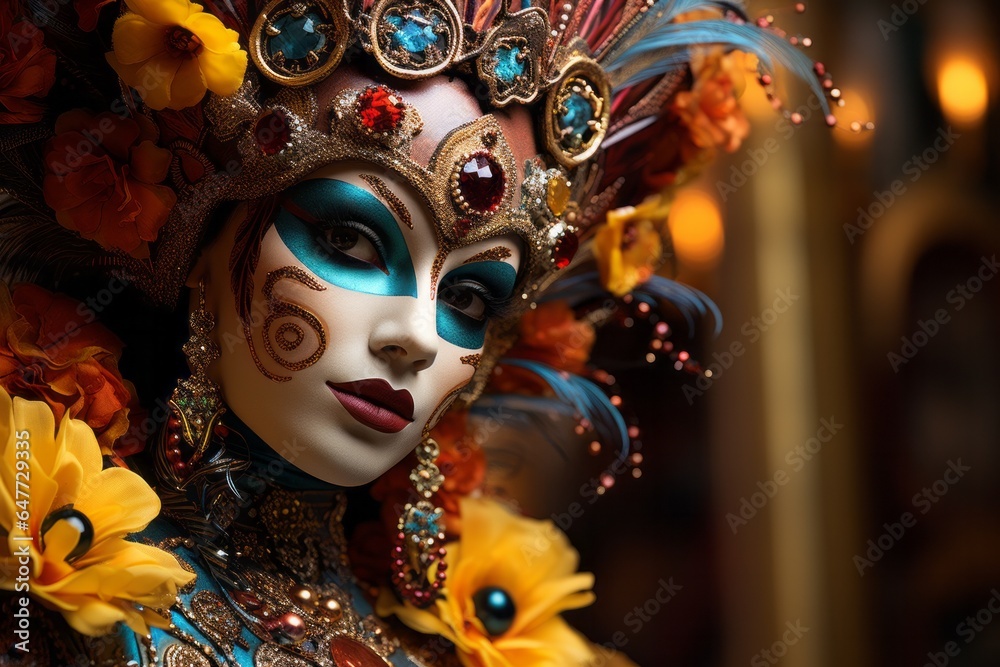Close-up photo of a person wearing a colourful venetian mask in Venice, Italy - Created with Generative AI technology Close-up photo of a person wearing a colourful venetian mask in Venice, Italy - Created with Generative AI technology