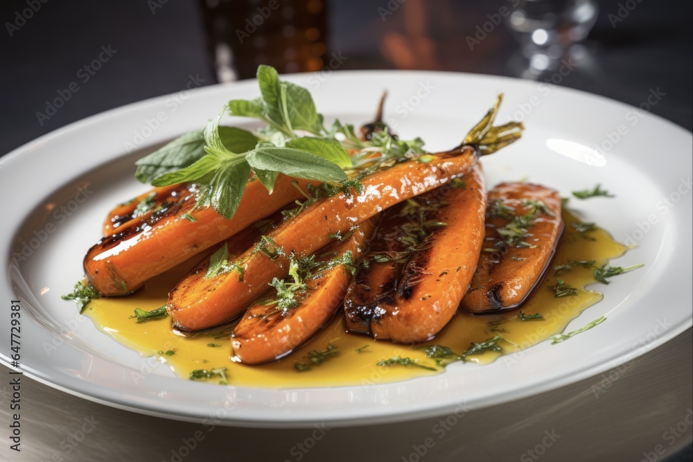 Orange Glazed Carrot with Mint Herb. Cooked Vegetable for Glaze Salad. Vegetarian Delight for Foodies Orange Glazed Carrot with Mint Herb. Cooked Vegetable for Glaze Salad. Vegetarian Delight for Foodies