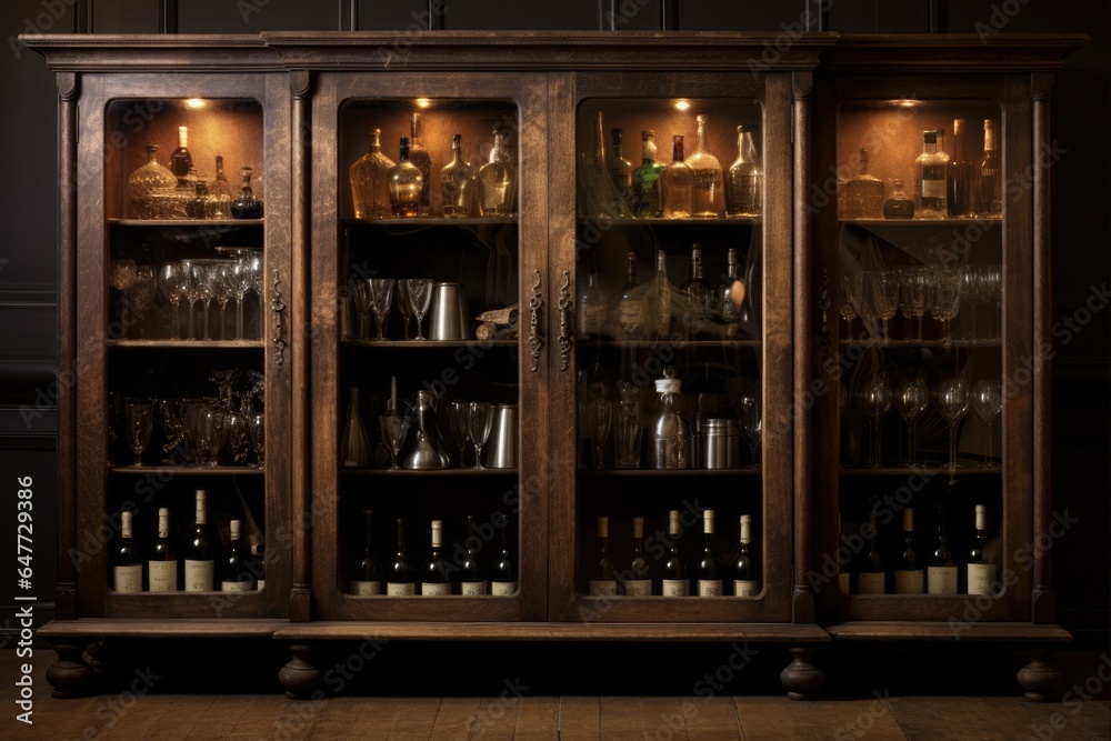 Wine Cabinet Storage Solution with Vintage Bottles and Glasses - Organized Cellar for Winery