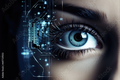 Technology Eye - Future Woman with Cyber Information Panel and Vision Scan Concept for Digital Security