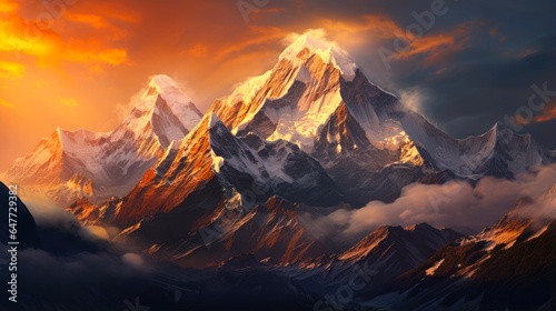 Kangchenjunga Mountain Landscape at Sunset: Majestic Nature and Snowy Peaks Meeting the Sky