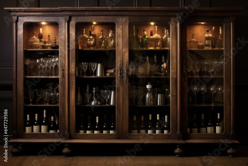 Wine Cabinet Storage Solution with Vintage Bottles and Glasses - Organized Cellar for Winery © AIGen