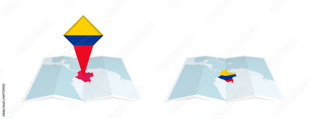 Two versions of an Colombia folded map, one with a pinned country flag and one with a flag in the map contour. Template for both print and online design. Two versions of an Colombia folded map, one with a pinned country flag and one with a flag in the map contour. Template for both print and online design.