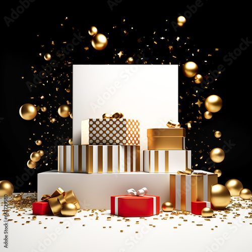  product displays,podium stage with gift present concepts.luxury gold and white color.celebration festival card background.minimal design photo