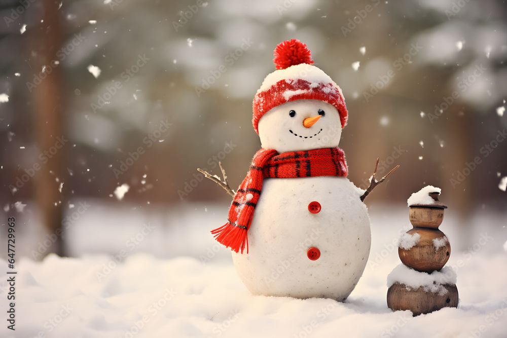 Outdoor standing snowman on snow in Christmas holiday theme