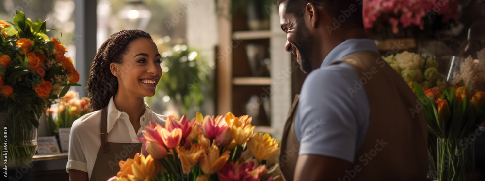Owner of a flower shop talks to a customer to help him choose a bouquet of flowers