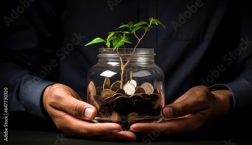 Businessman hands holding a glass container full of coins and little plant photo