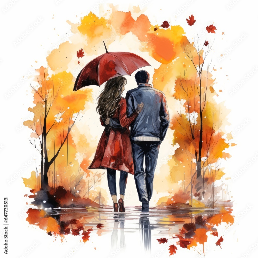 watercolor painting of a guy with a girl holding umbrella in autumn