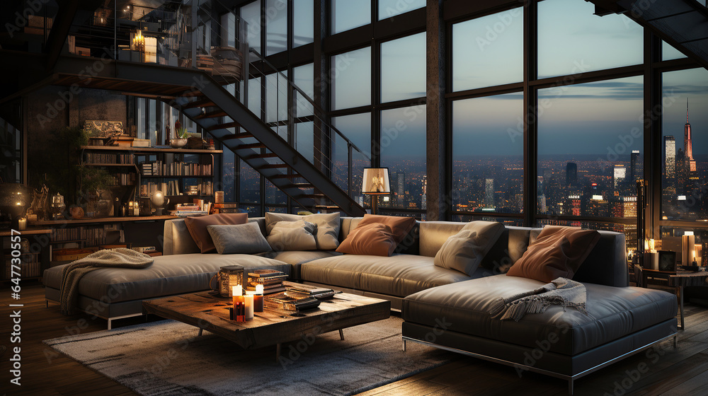 Living room interior in loft, industrial style.