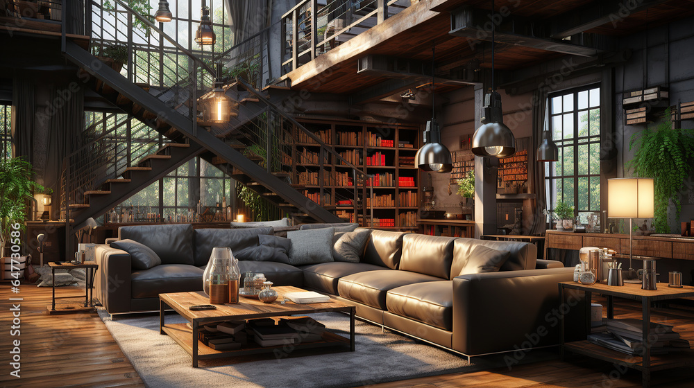 Living room interior in loft, industrial style. Living room interior in loft, industrial style.