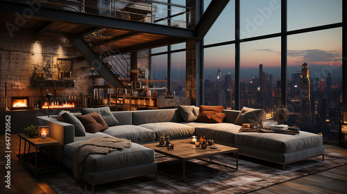 Living room interior in loft, industrial style. © Santy Hong