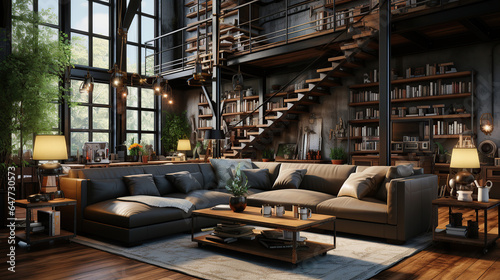 Living room interior in loft, industrial style.
