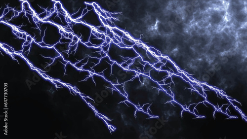 Lightnings set, Blue lightning arc electric discharge. Thunderstorm. Heavy storm bringing thunder, lightnings and rain in summer. Branched lightning bolt