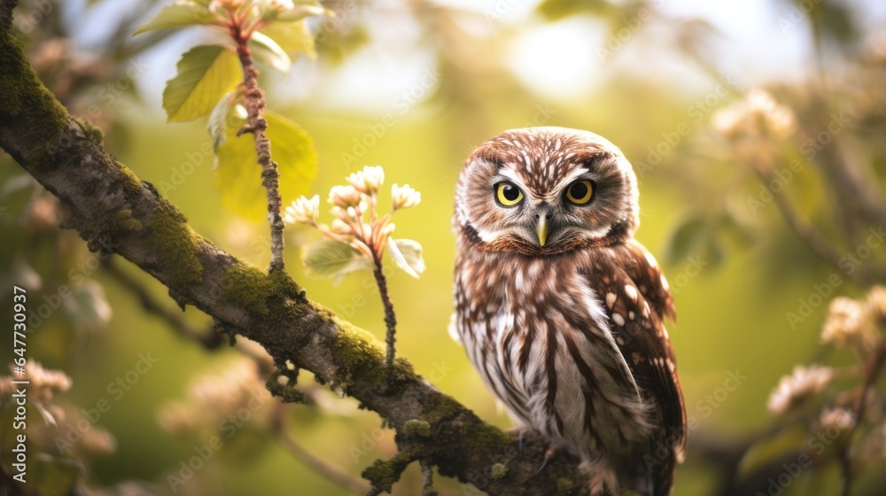 A brown owl on tree branch, wild animal in the nature habitat. A brown owl on tree branch, wild animal in the nature habitat.