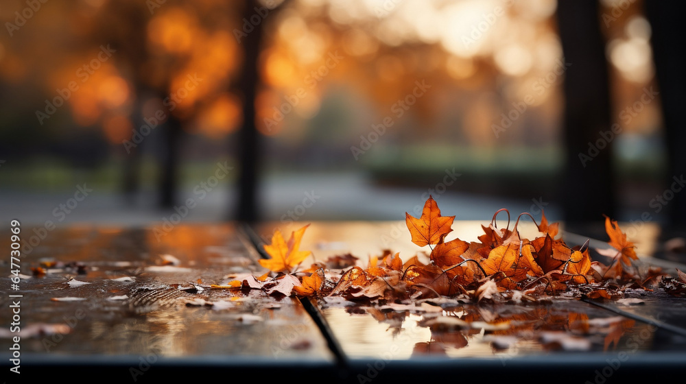 wooden table at a park in autumn with autumn leaves, blurry bokeh background, product display, copy space, banner