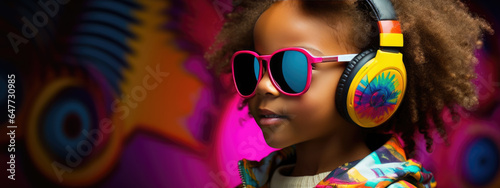 Little girl in neon lights wearing headphones and listening to her favorite music.