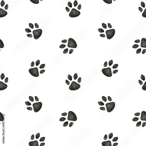 Dog or cat paw. Watercolor seamless pattern. Cute animal footprints for decoration, fabric, design, veterinary clinic, pet store, craft projects, logo, scrapbooking, pet tags.