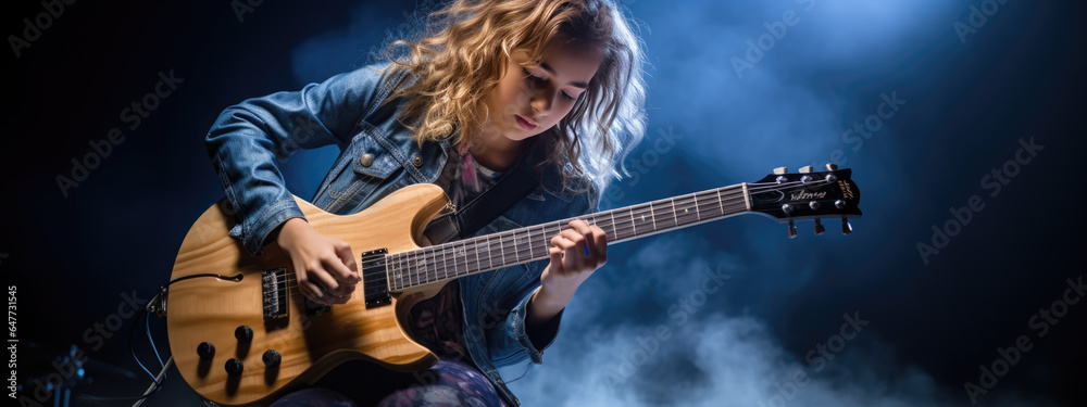 Fototapeta premium Teenage girl playing guitar on dark background