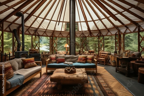 A stunning yurt interior with an abundance of windows, showcasing a cozy hearth and well-appointed furniture. Generative AI photo