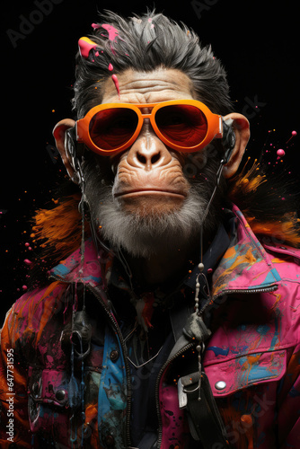 Portrayal of a chimpanzee. Donning glasses and a thick winter jacket, the chimp exudes coolness, set against a backdrop bursting with graffiti elements in contrasting shades of black and pink.