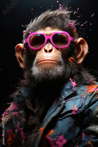Portrayal of a chimpanzee. Donning glasses and a thick winter jacket, the chimp exudes coolness, set against a backdrop bursting with graffiti elements in contrasting shades of black and pink. © Sascha