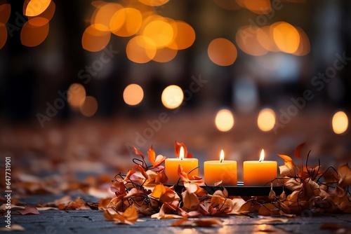 burning candles and autumn leaves on a bokeh background, with space for copy, banner