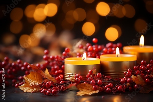 christmas candle and decorations  autumn fall decorations  bokeh background  copy space and banner