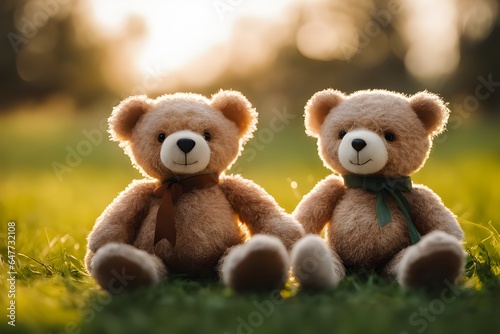 Two teddy bears lay on the morning grass. © khemtong