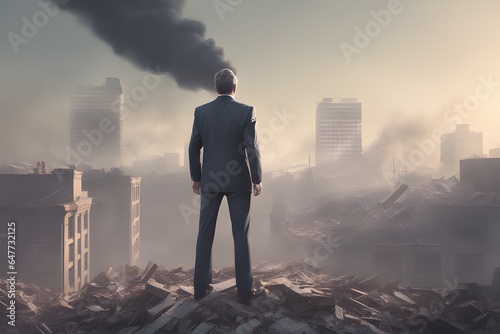 Rear view of a businessman standing and looking at the wreckage to analyze how to solve the problem.