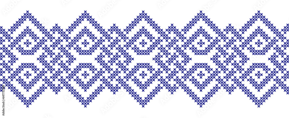Fototapeta premium Embroidered cross-stitch geometric weaving seamless border pattern
