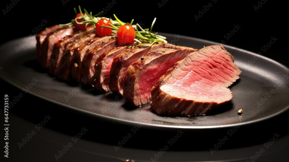 Beef, sliced beef steak on black plate. Generative Ai