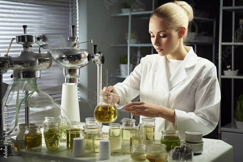 A young girl scientist works in a laboratory. Cosmetology lab assistant preparing organic substance for anti-aging cream