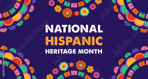 Hispanic heritage month. Vector web banner, poster, card for social media, networks. Greeting with national Hispanic heritage month text, flowers on floral pattern background