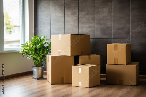 Stack of cardboard boxes with household belongings and potted home plants on floor in modern house living room. Moving to new home, relocation, renovation, homestaging, removals and delivery service © vejaa