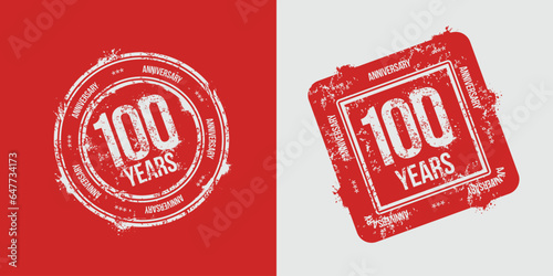 A group of 100th anniversary logos drawn as stamps, framed in red for the celebration. Grunge stamp texture. Holiday stamps. Collection of postage stamps. Vector round and rectangular stamps