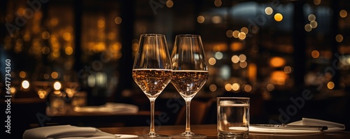 wine glasses in fancy restaurant with bokeh background photo