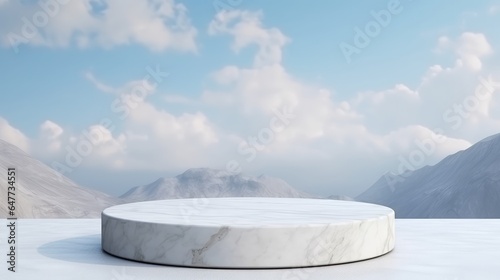 white marble podium with sky background