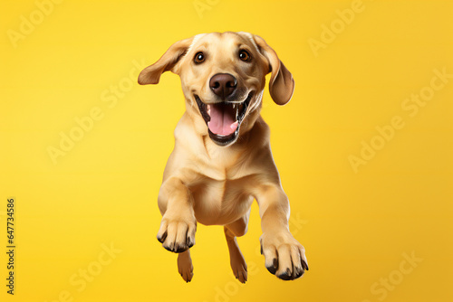 Labrador Retriever Dog Jumping on Yellow Background