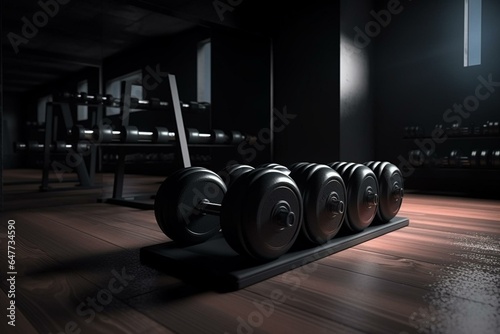 3D rendered dumbbells on floor in dark fitness room with training equipment. Generative AI © Greer