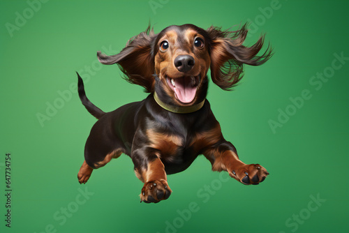 Dachshund Dog Jumping on Green Background photo