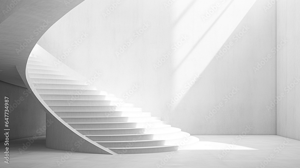Abstract white concrete interior, an empty hall with bent stairway and natural soft light - obrazy, fototapety, plakaty 