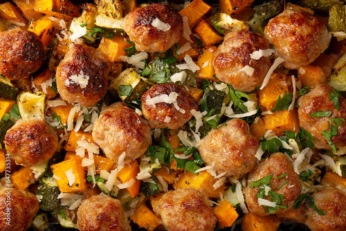 Meatballs on a vegetable bed of pumpkin and zucchini on a baking sheet and gray background, copy space for text