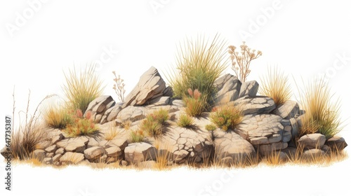 watercolor savanna dry grass meadow shrubs with rocks on white background photo